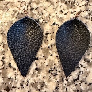 Black Textured Leather Leaf Earrings